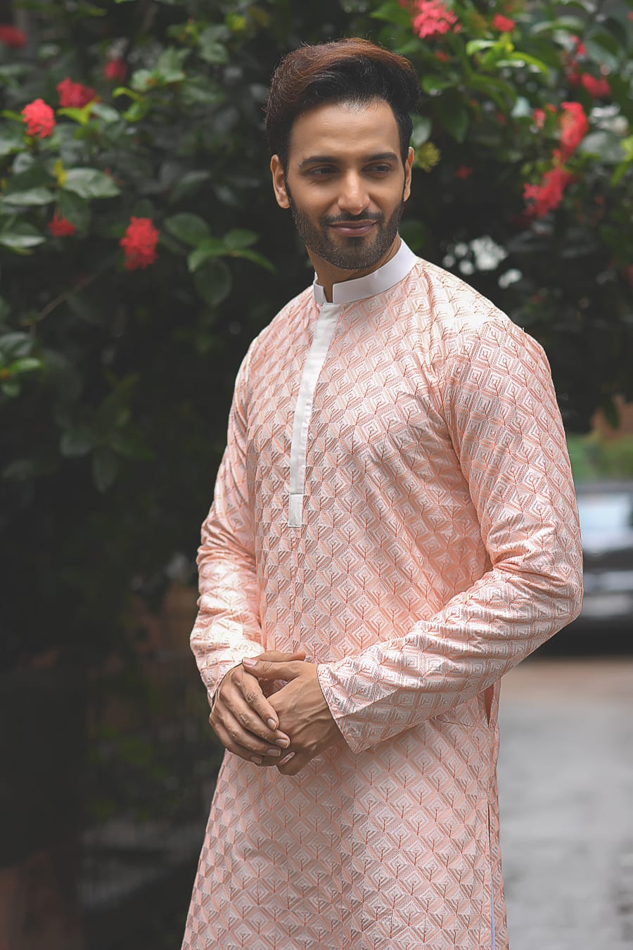 Peach Geomertical Shape Embroidered All Over Kurta Set