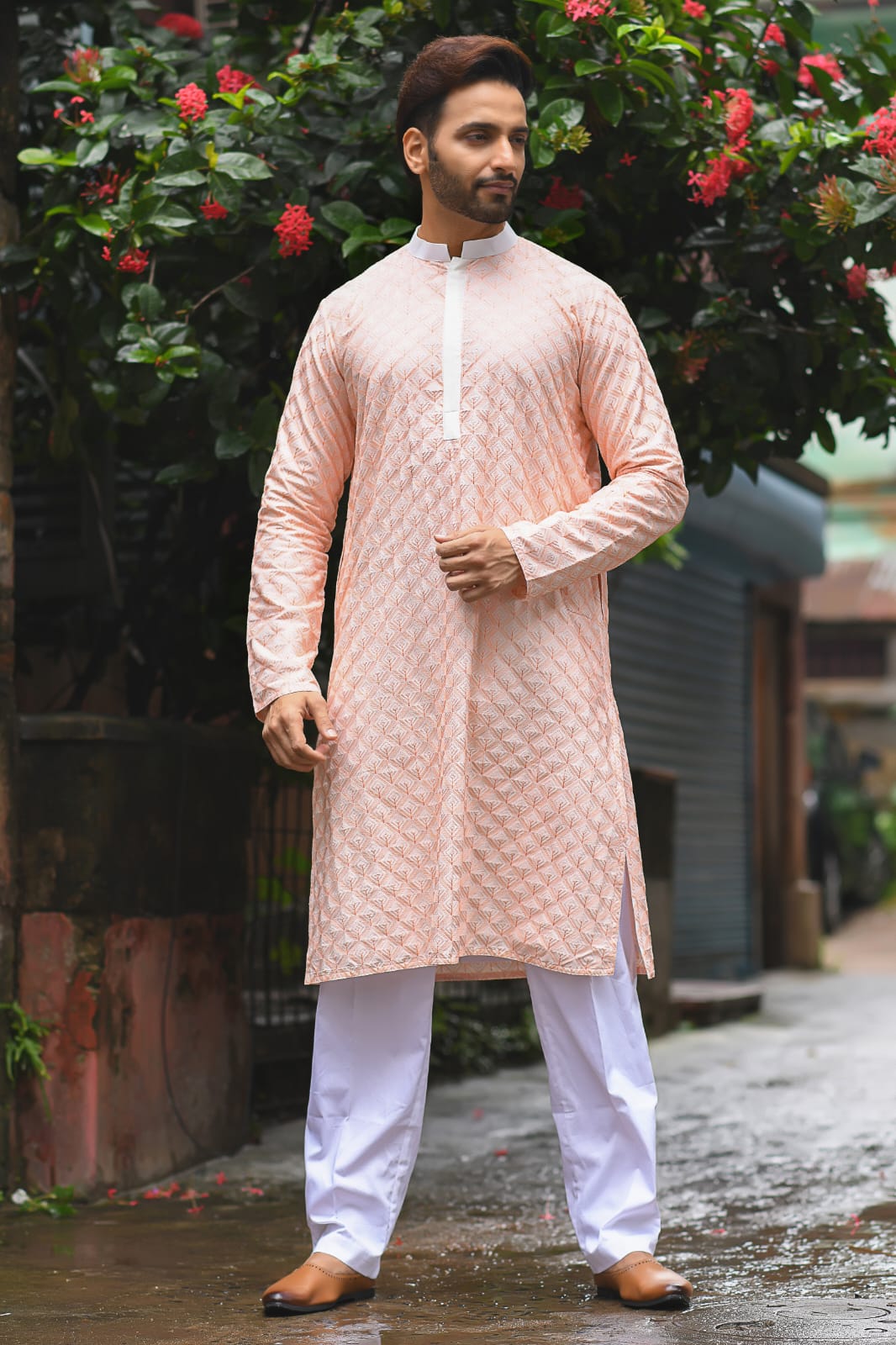 Peach Geomertical Shape Embroidered All Over Kurta Set