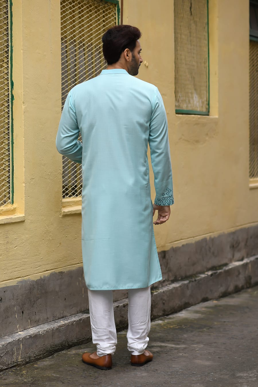 Aqua Blue Gemetrical Embroidered With Pleating Kurta Set