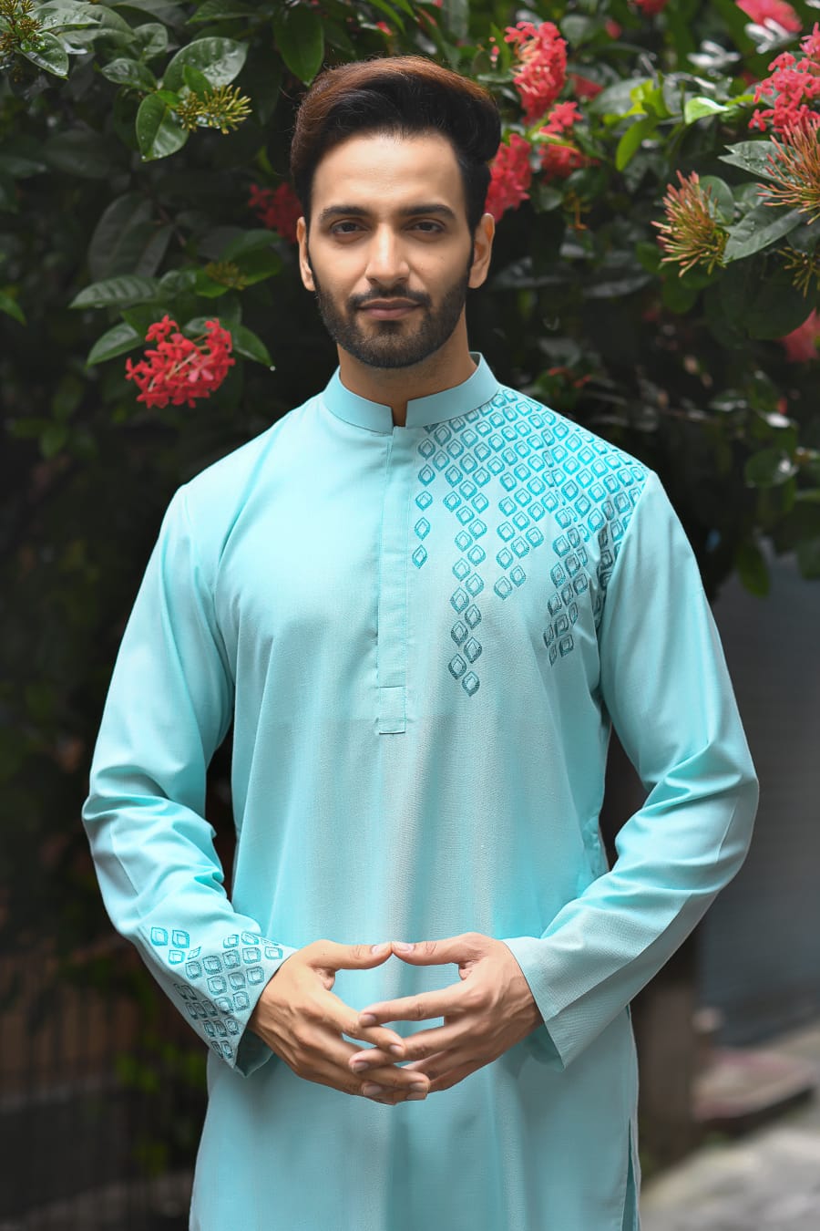 Aqua Blue Gemetrical Embroidered With Pleating Kurta Set