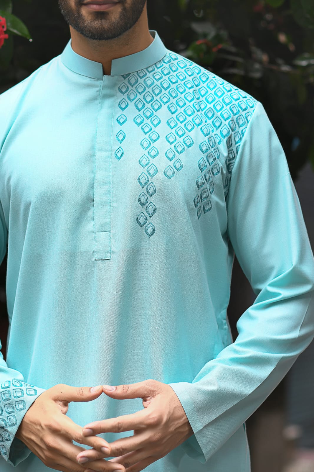 Aqua Blue Gemetrical Embroidered With Pleating Kurta Set