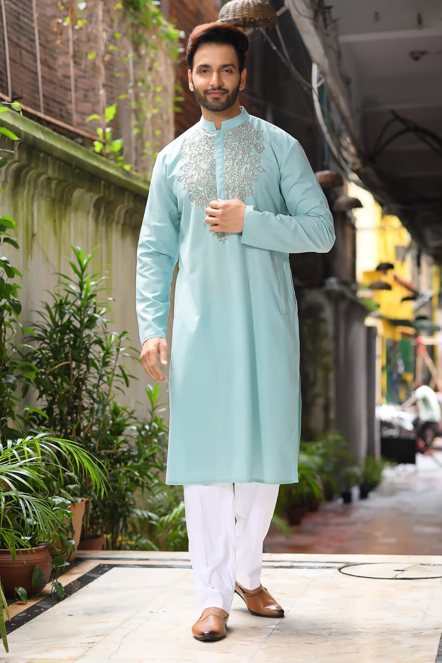 Aqua Blue sequence Hand Embroiderey Around Neck Of Kurta Set