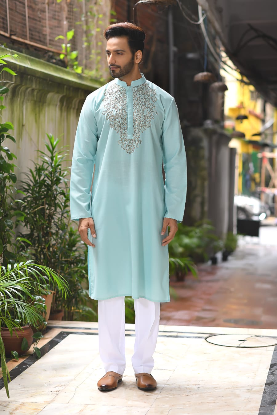 Aqua Blue sequence Hand Embroiderey Around Neck Of Kurta Set
