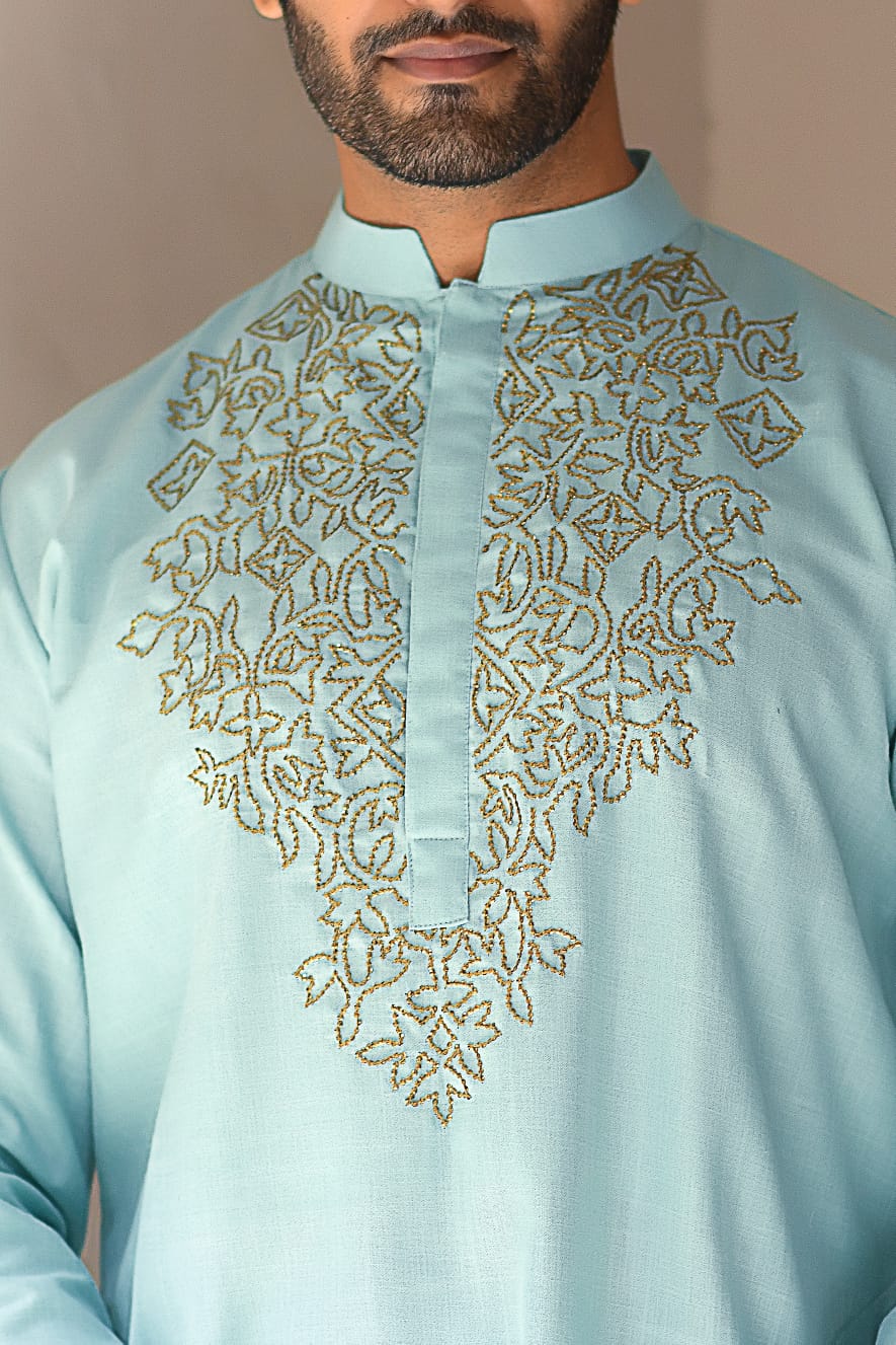 Aqua Blue sequence Hand Embroiderey Around Neck Of Kurta Set