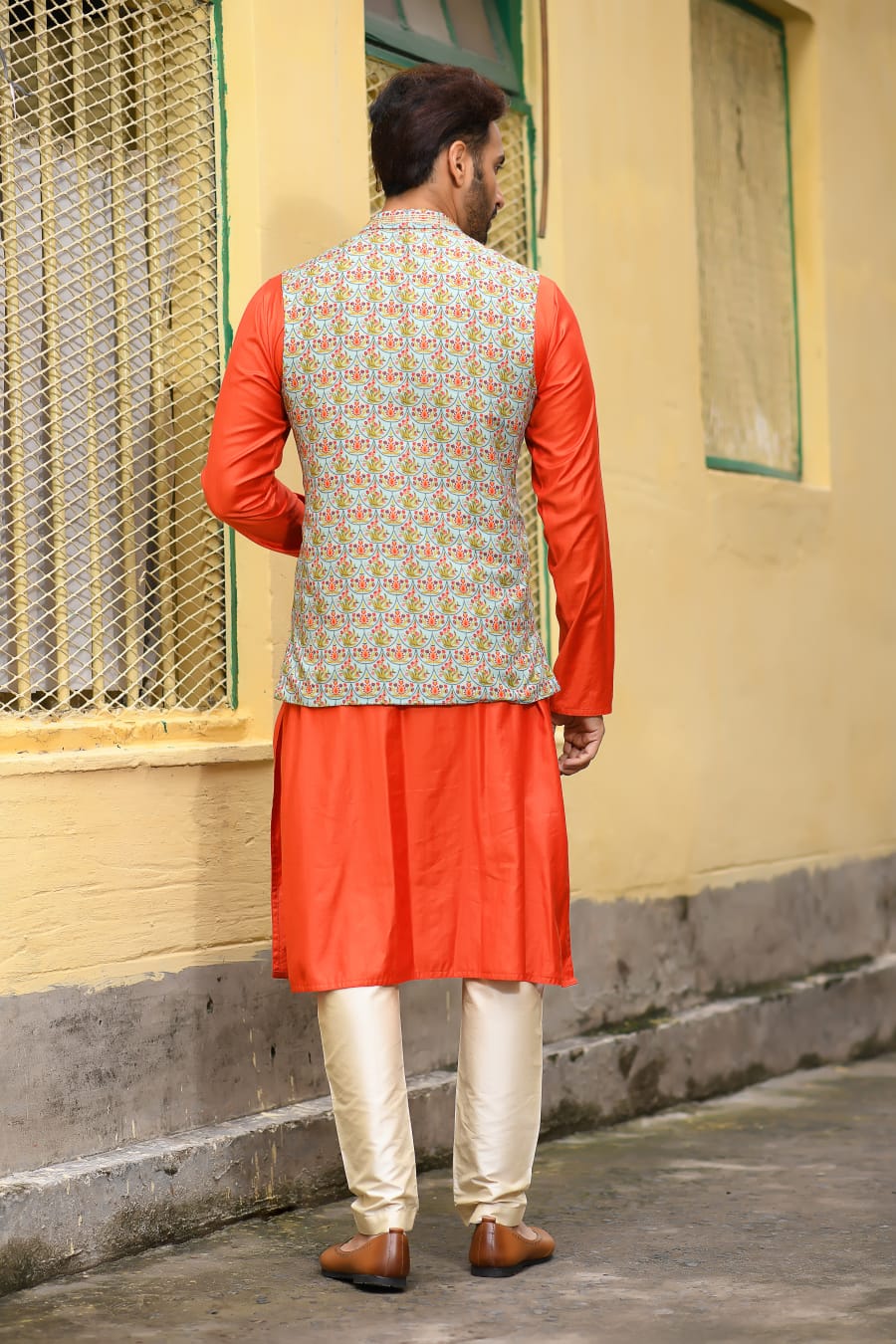 Rust Kurta With Applique Work And Stichline With Printed Bundi Set
