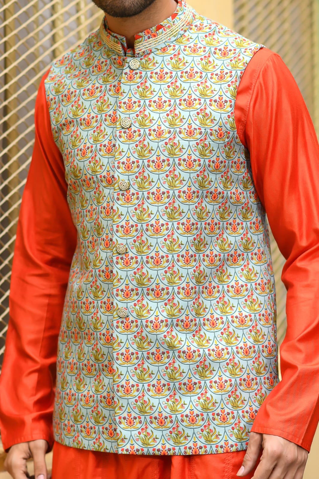 Rust Kurta With Applique Work And Stichline With Printed Bundi Set