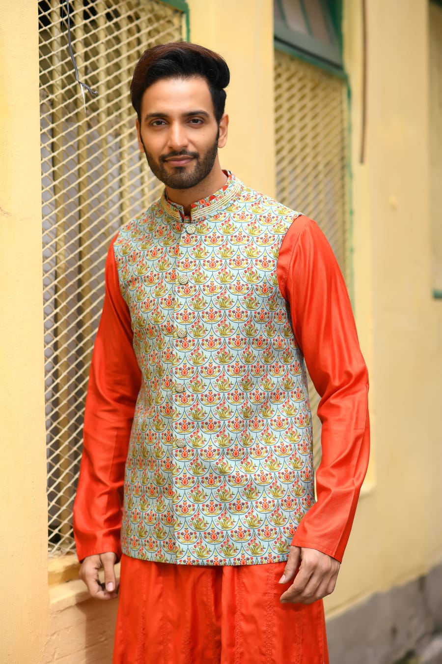 Rust Kurta With Applique Work And Stichline With Printed Bundi Set