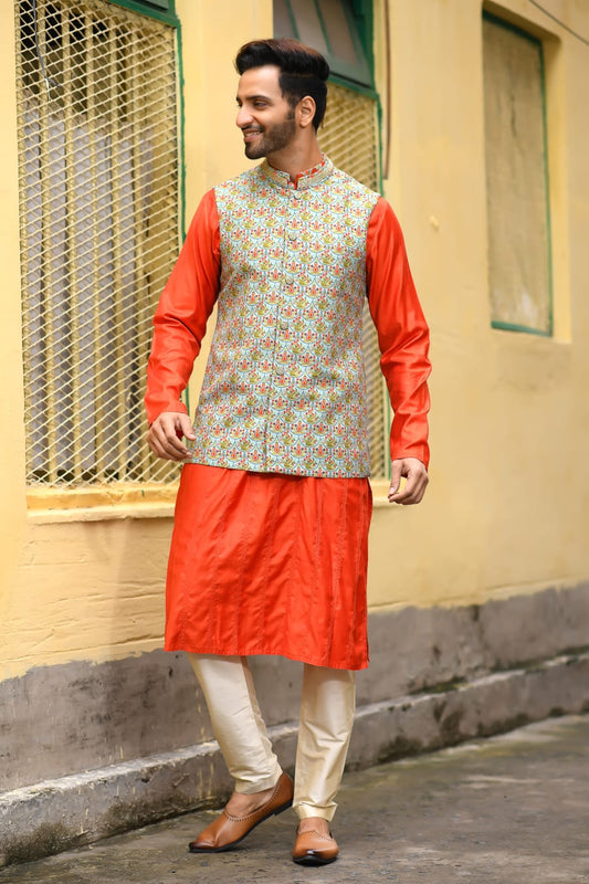 Rust Kurta With Applique Work And Stichline With Printed Bundi Set