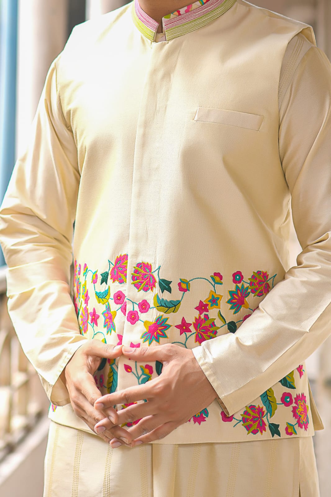 Light Beidge With Stichline And Applique On Kurta With Heavy Hand Zardosi Embroiderey Bundi Set