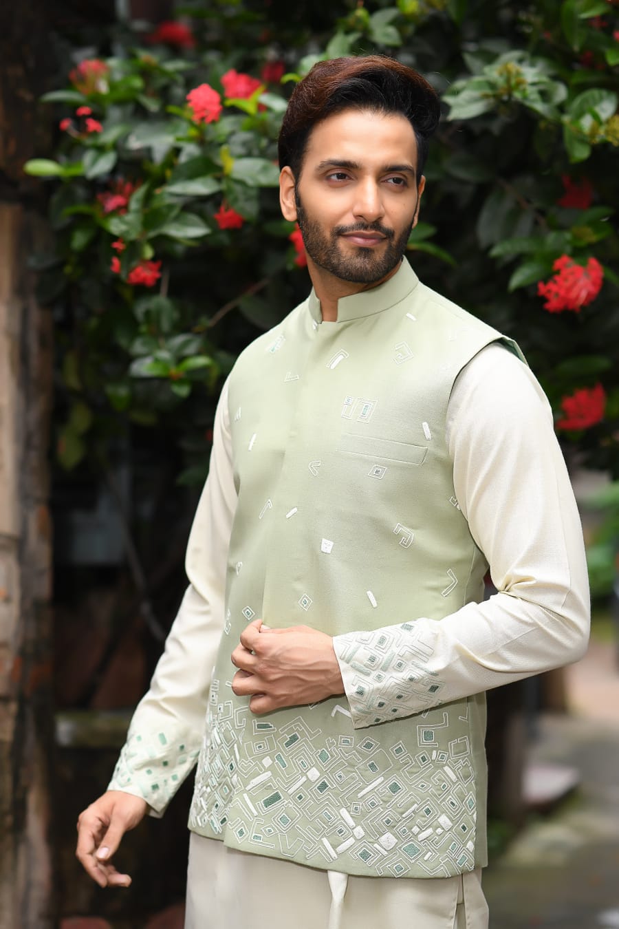 Powder Green Geometrical Cord Embroidered Kurta And Bundi Set