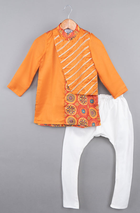 Bright Orange Double Layer Asymmetrical Kurta With Churidar Set