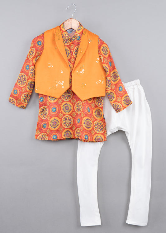 Printed Kurta With Orange Sequence Jacket With Churidar Set