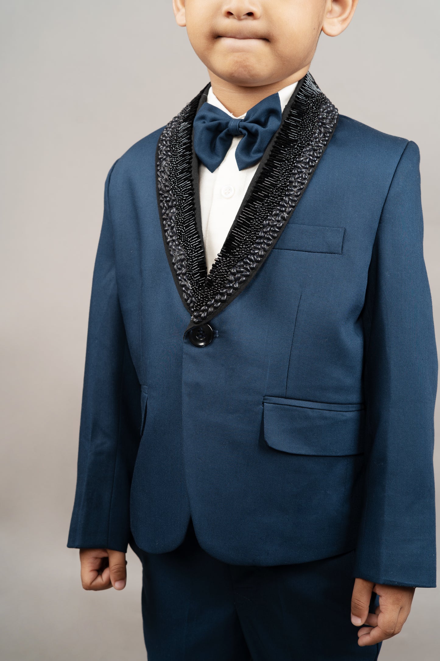 Prussian Blue Laple Embroidered Tuxedo/shirt/pant With Bow Tie Set