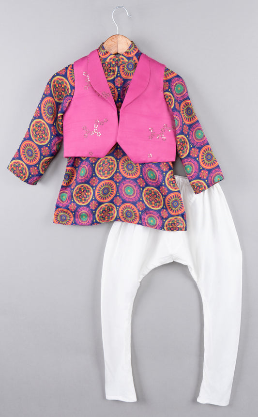 Printed Kurta With Bright Pink Sequence Jacket With Churidar Set