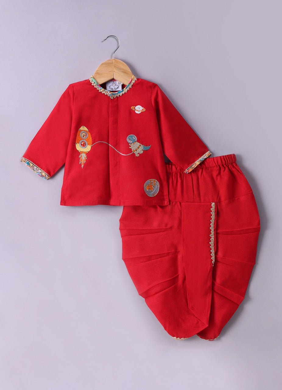 Jamana Boy Red With Space Embroidery Front Open Top With Dhoti Set