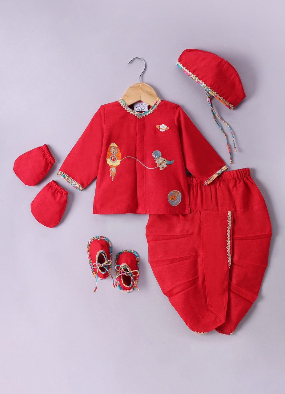 Jamana Boy Red With Space Embroidery Front Open Top With Dhoti Set