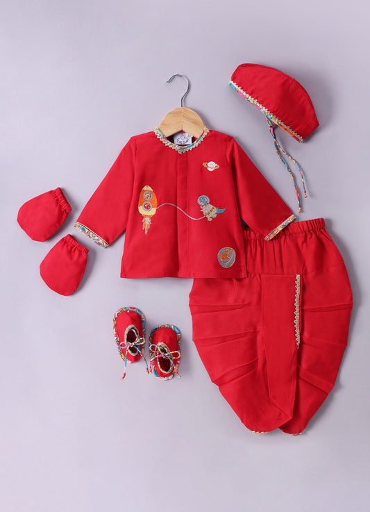 Jamana Boy Red With Space Embroidery Front Open Top With Dhoti Set