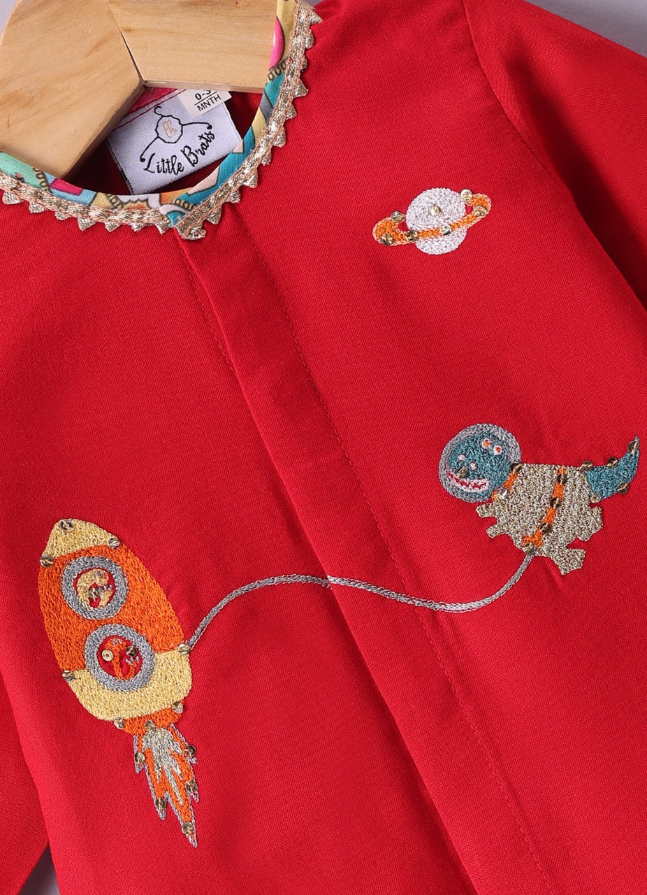 Jamana Boy Red With Space Embroidery Front Open Top With Dhoti Set