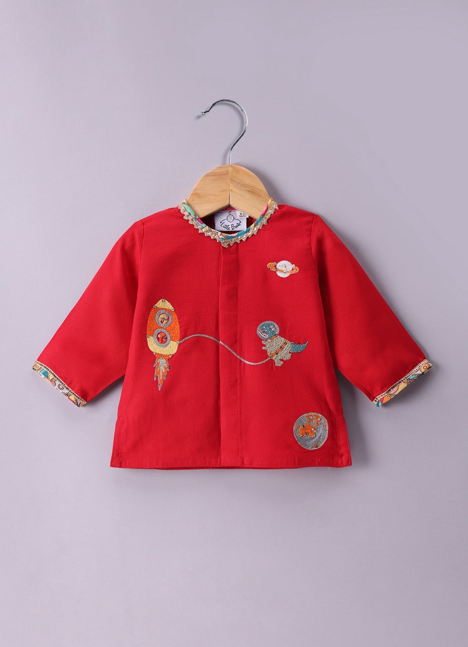 Jamana Boy Red With Space Embroidery Front Open Top With Dhoti Set