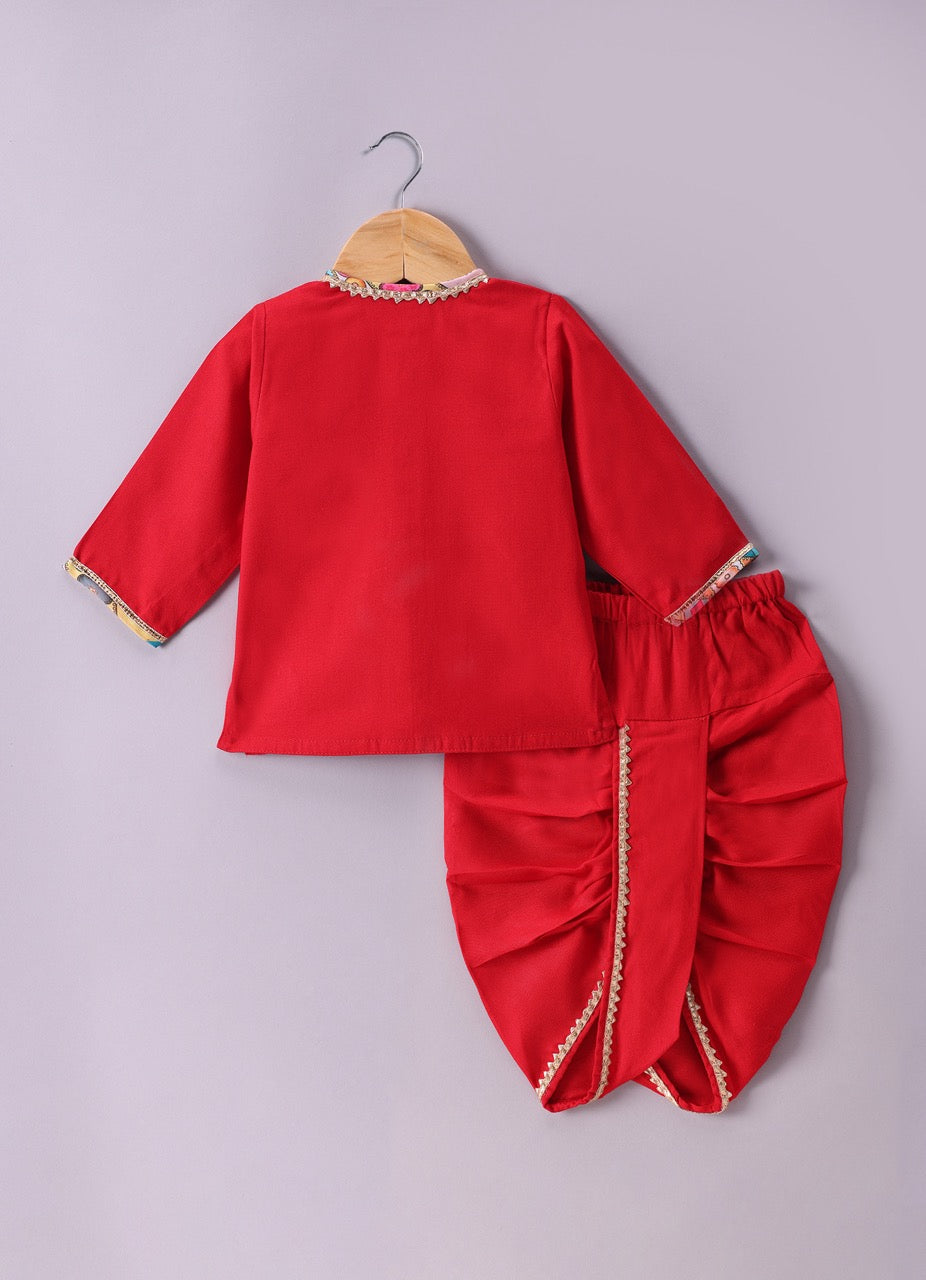 Jamana Boy Red With Space Embroidery Front Open Top With Dhoti Set