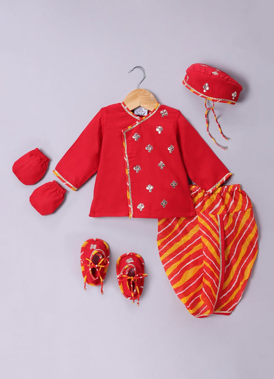 Jamana Boy Red With Flower Gota Hand Embroidery With Lehariya Dhoti Set