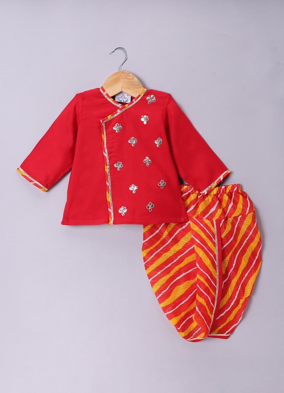 Jamana Boy Red With Flower Gota Hand Embroidery With Lehariya Dhoti Set