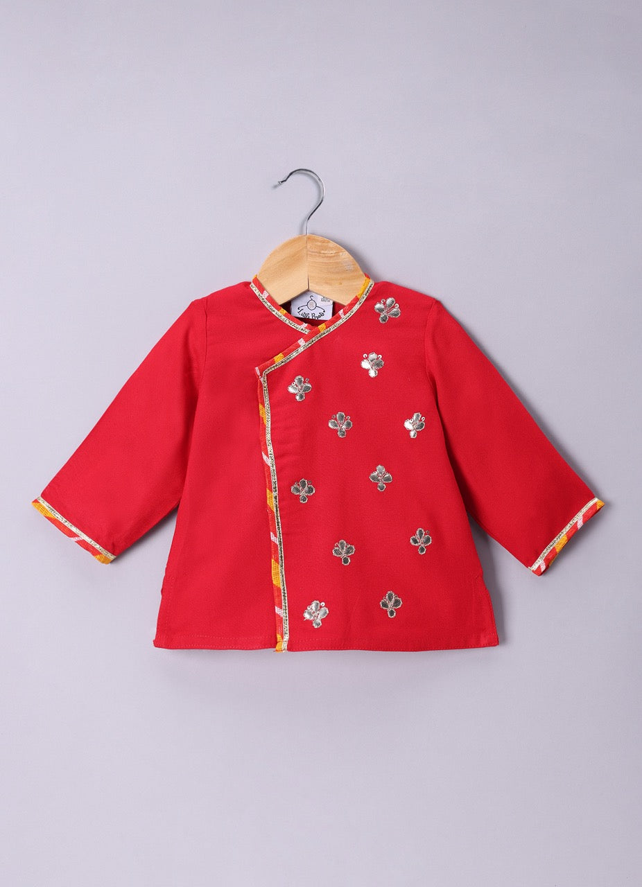 Jamana Boy Red With Flower Gota Hand Embroidery With Lehariya Dhoti Set