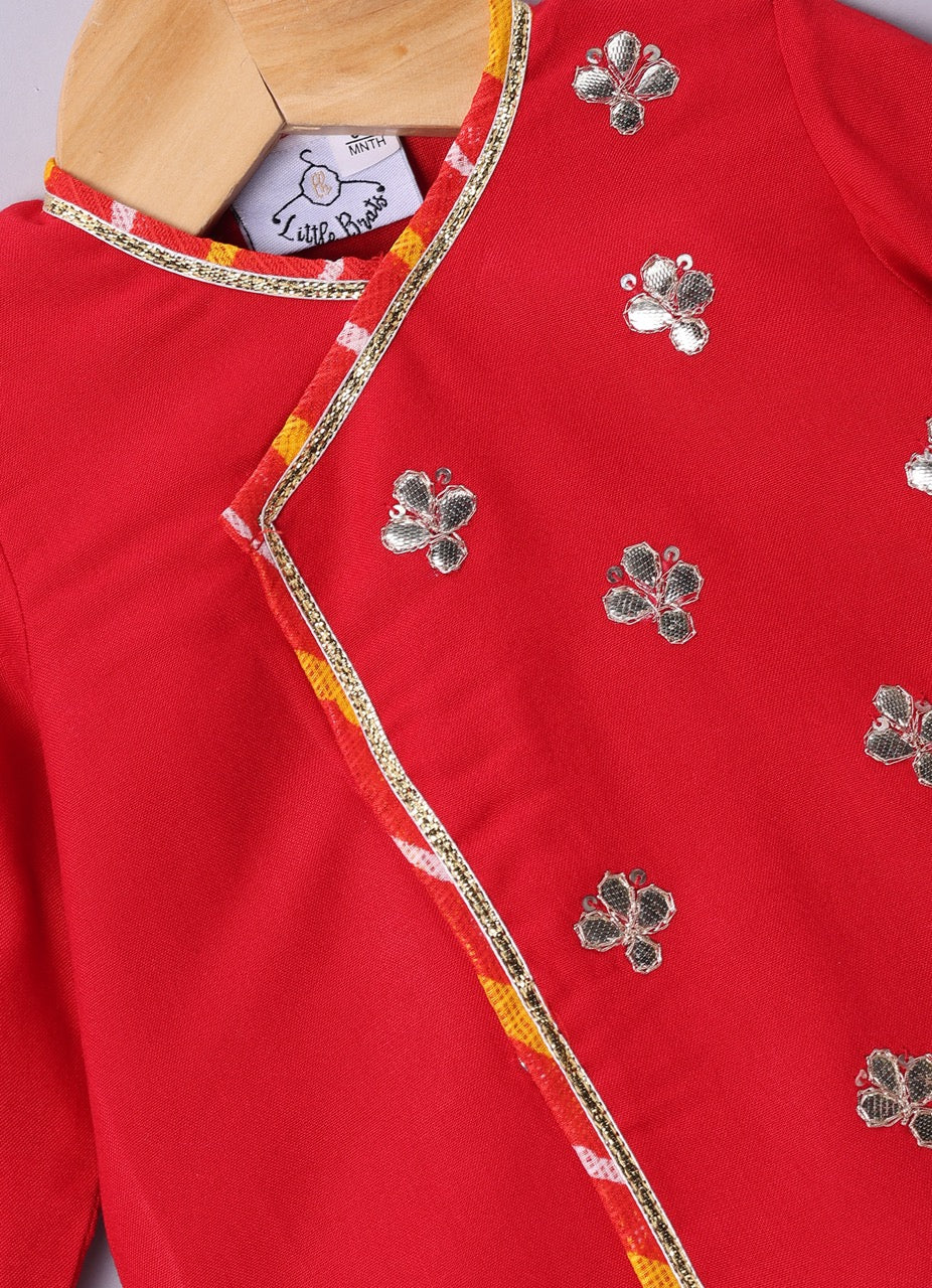 Jamana Boy Red With Flower Gota Hand Embroidery With Lehariya Dhoti Set
