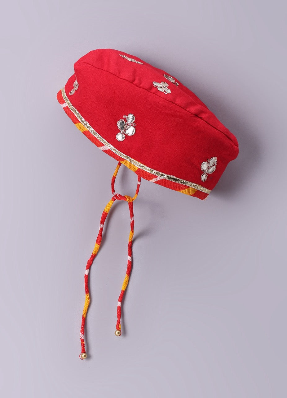 Jamana Boy Red With Flower Gota Hand Embroidery With Lehariya Dhoti Set