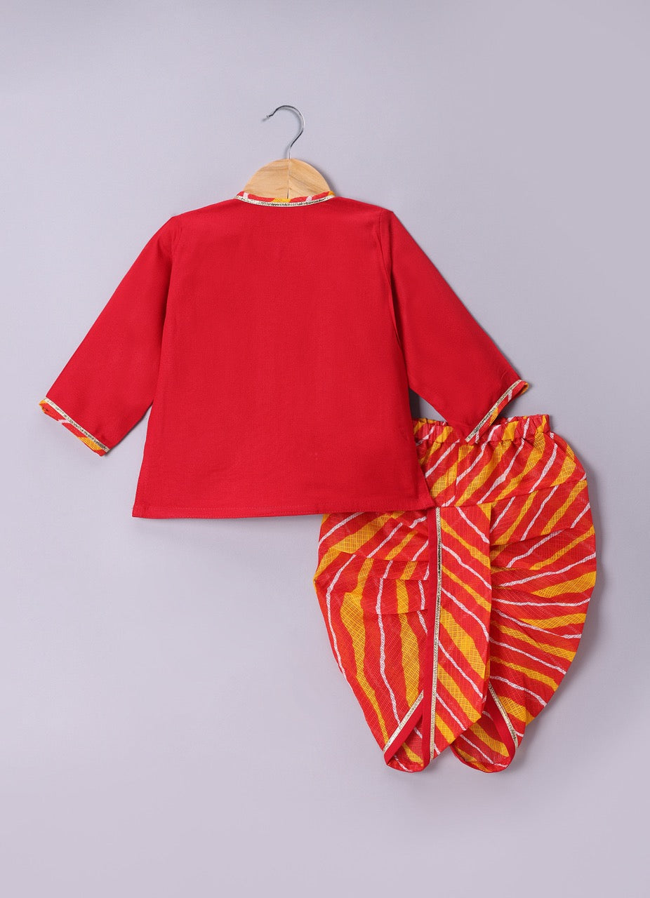 Jamana Boy Red With Flower Gota Hand Embroidery With Lehariya Dhoti Set