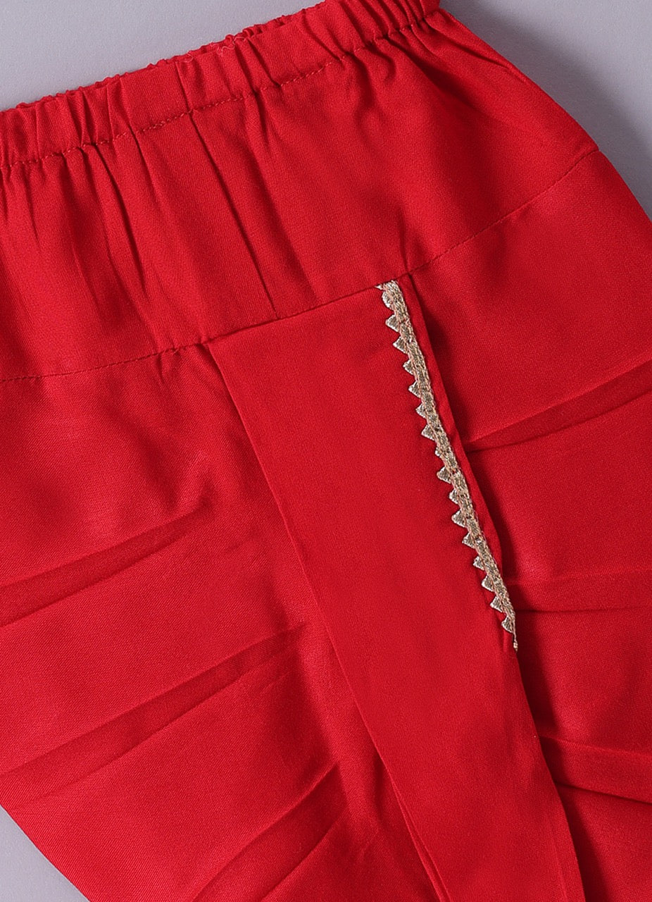 Jamana Boy Red With Space Embroidery Front Open Top With Dhoti Set