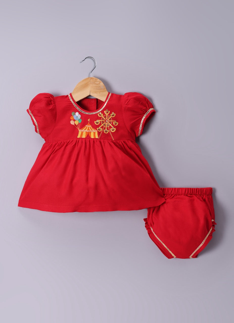 Jamana Girl Red With Carnival Embroidery With Pant Set