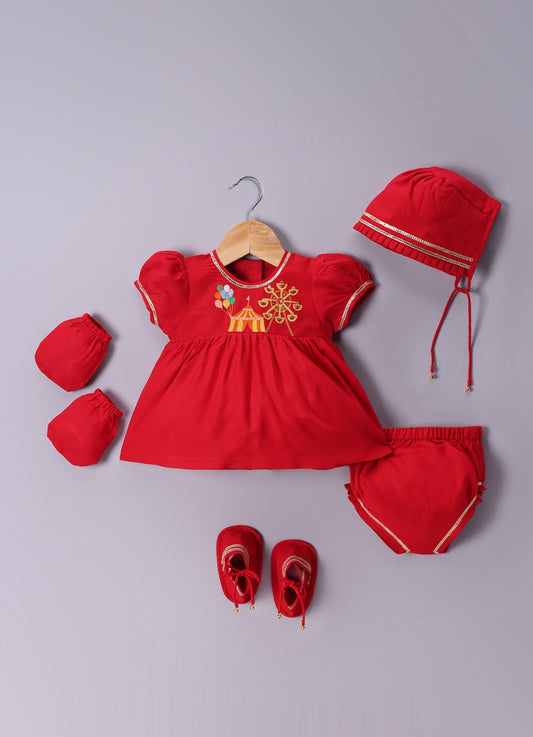 Jamana Girl Red With Carnival Embroidery With Pant Set