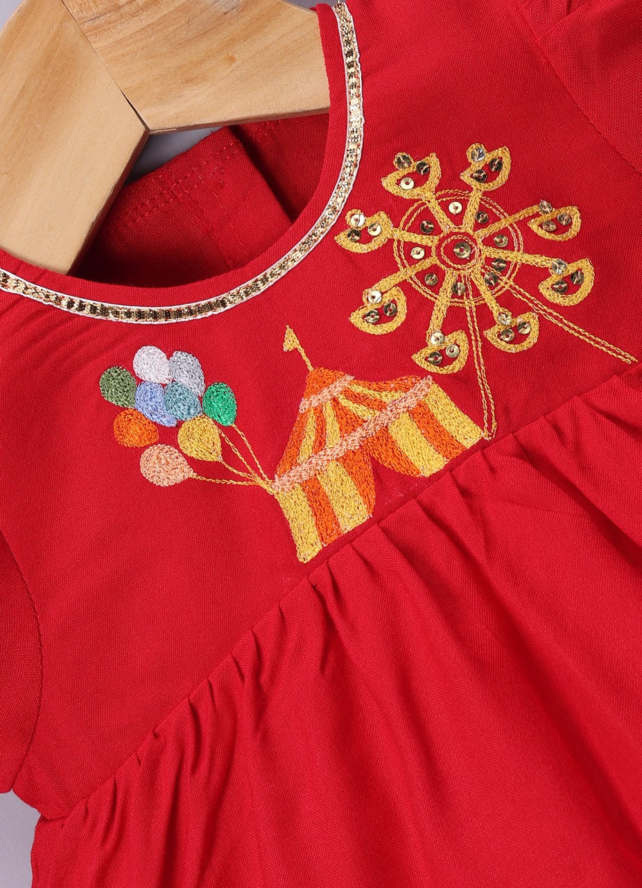 Jamana Girl Red With Carnival Embroidery With Pant Set