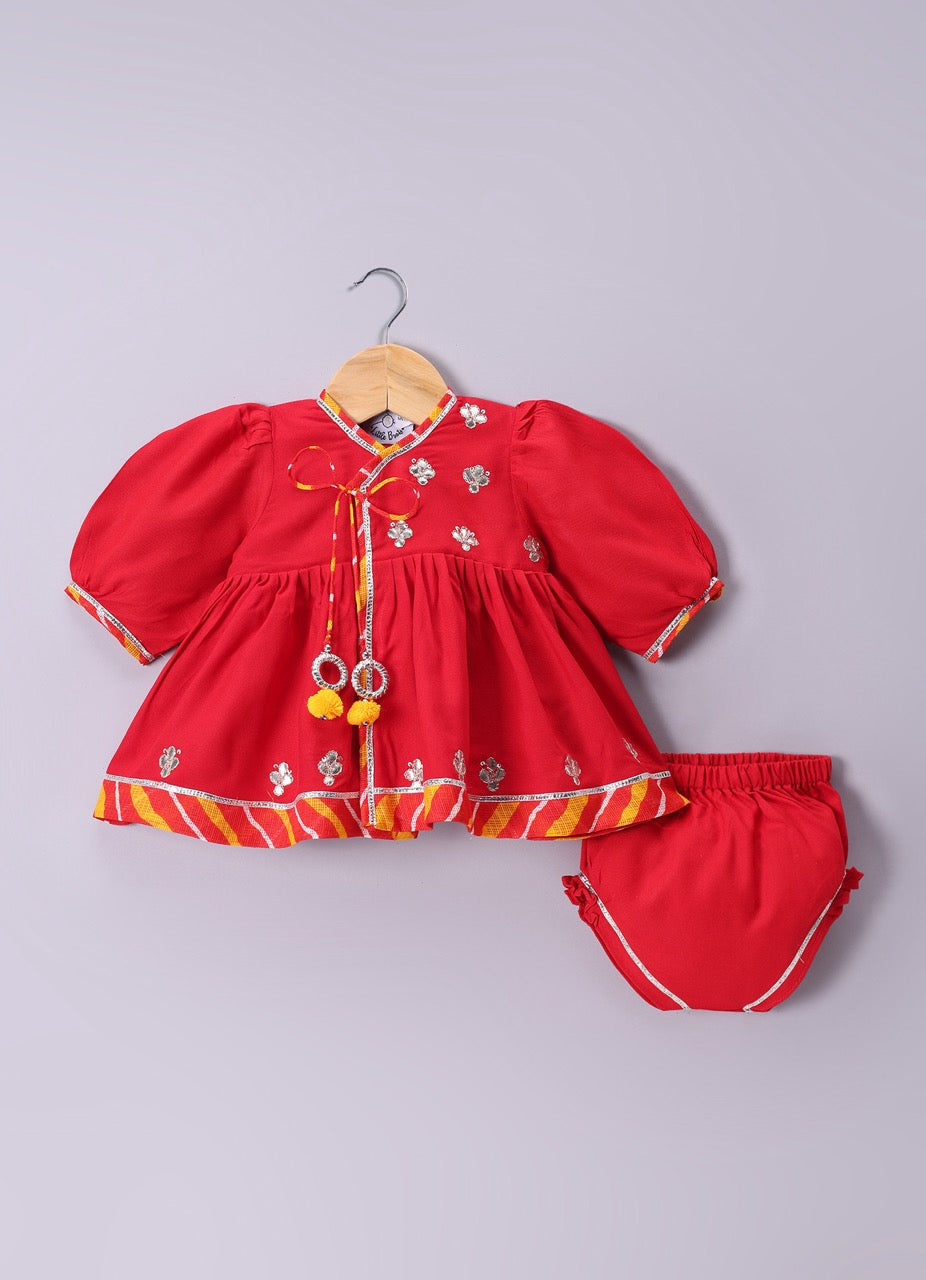 Jamana Girl Red With Flower Gota Hand Embroidery With Pant Set