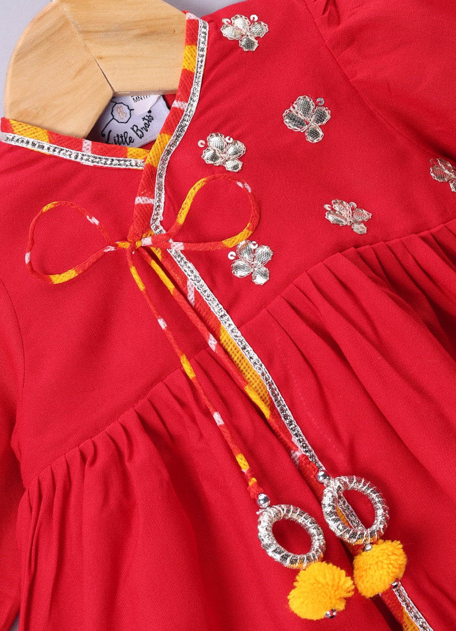 Jamana Girl Red With Flower Gota Hand Embroidery With Pant Set