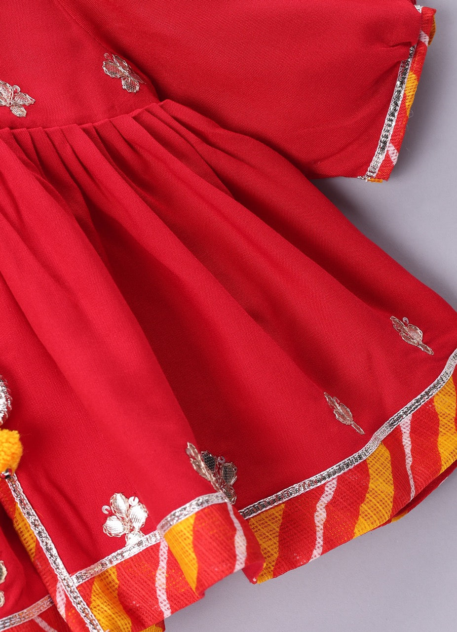 Jamana Girl Red With Flower Gota Hand Embroidery With Pant Set