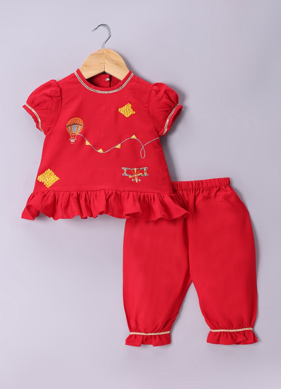 Jamana Girl Red With Parachute/Aeroplane Embroidery With Pant Set