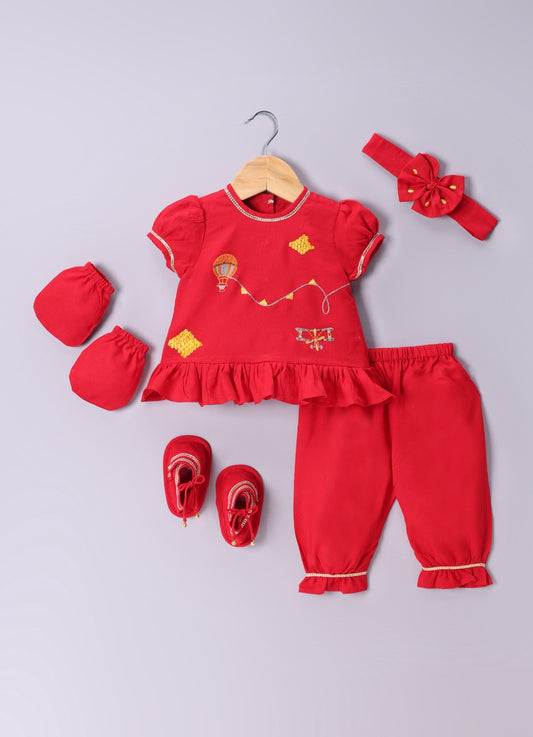 Jamana Girl Red With Parachute/Aeroplane Embroidery With Pant Set