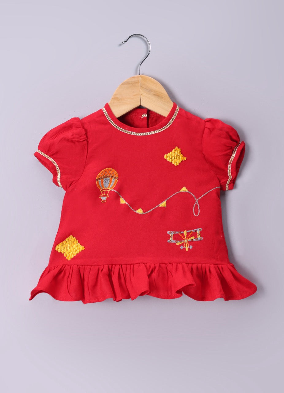 Jamana Girl Red With Parachute/Aeroplane Embroidery With Pant Set
