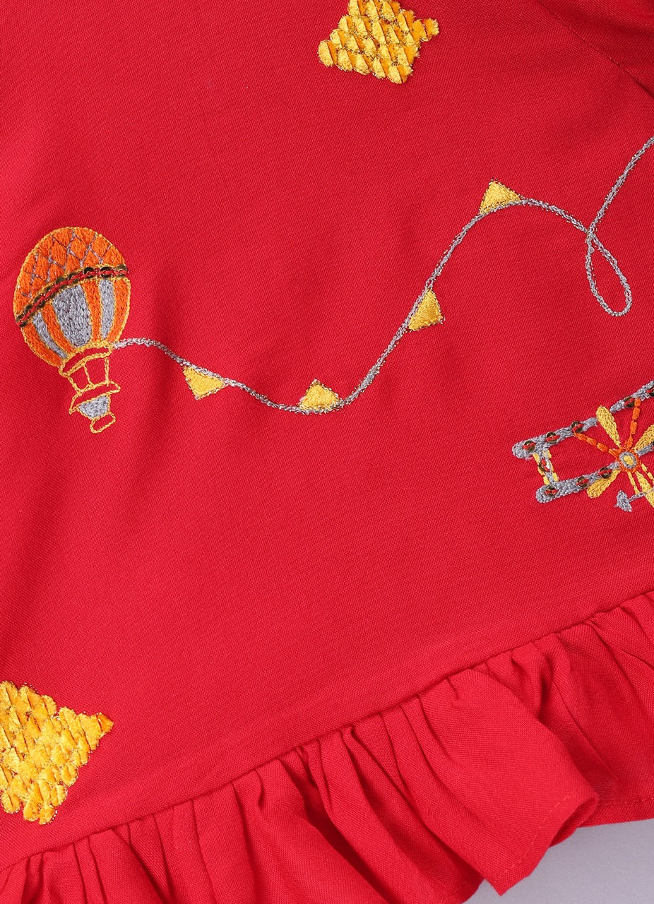 Jamana Girl Red With Parachute/Aeroplane Embroidery With Pant Set