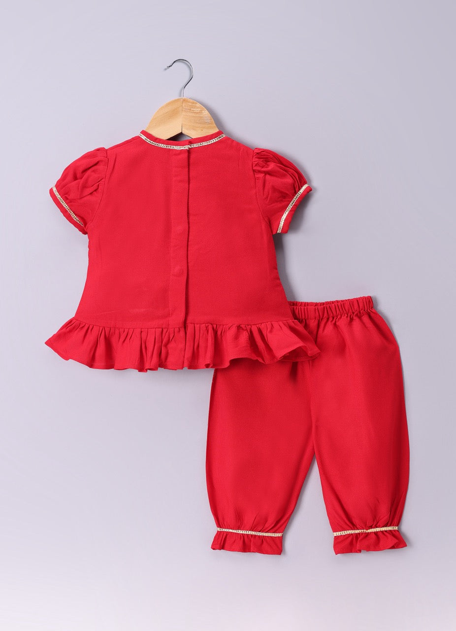 Jamana Girl Red With Parachute/Aeroplane Embroidery With Pant Set
