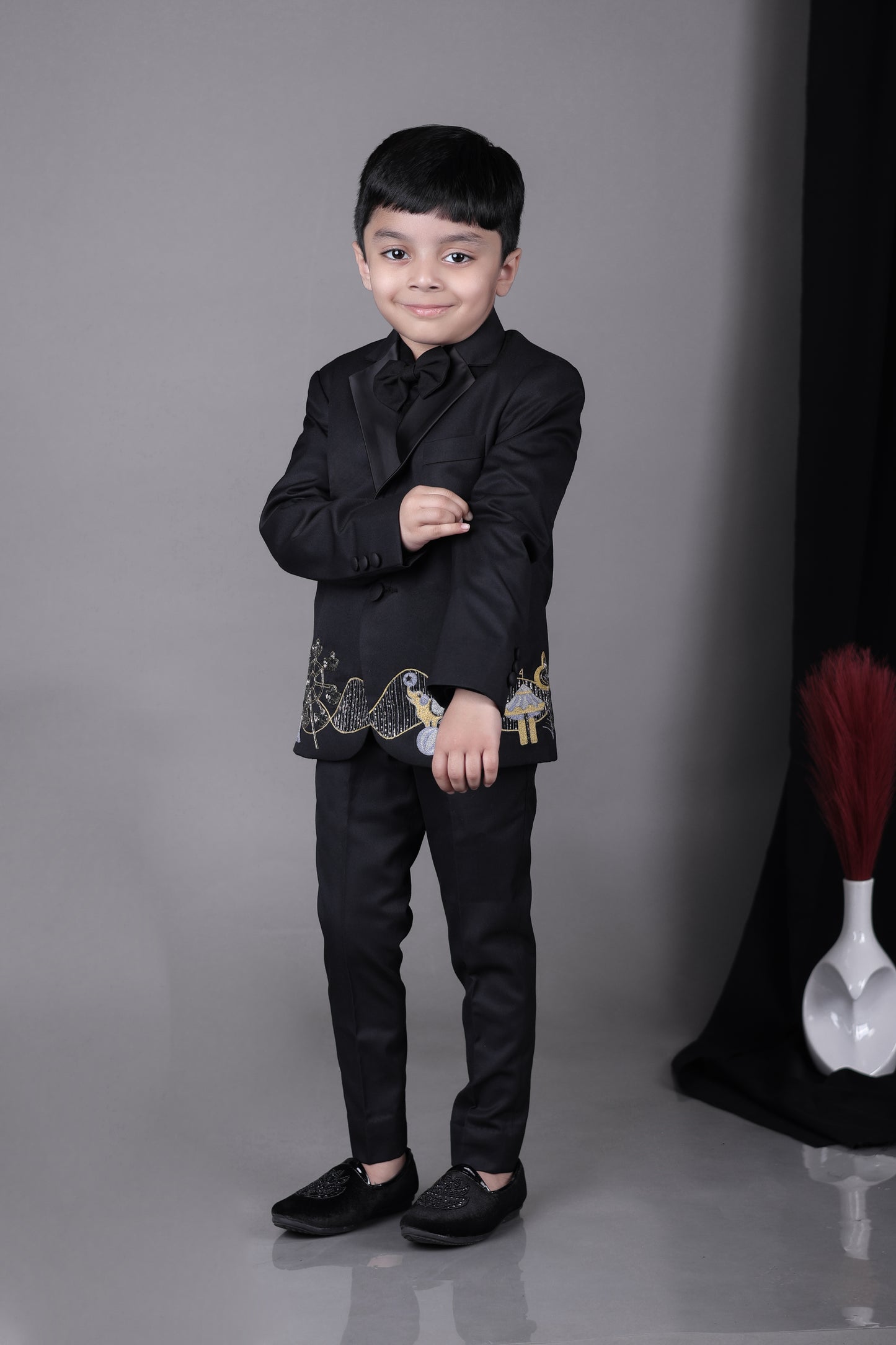 Black Tuxedo With Carnival Hand Embroidery/shirt Pant With Bow Tie Set