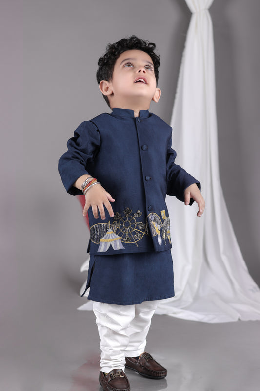 Blue Kurta With Carnival Hand Embroidery Bandhgala And Pajama Set