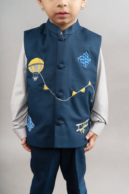 Grey Shirt/dark Blue Pant/dark Blue Embroidered Half Bandhgala Set