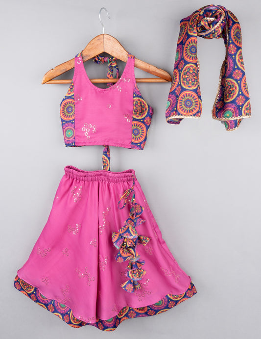 Bright Pink Sequence Halter Top And Ghagara Set