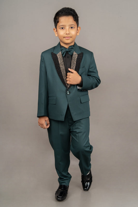 Pine Green Laple Embroidered Suit/shirt/pant With Bow Tie Set