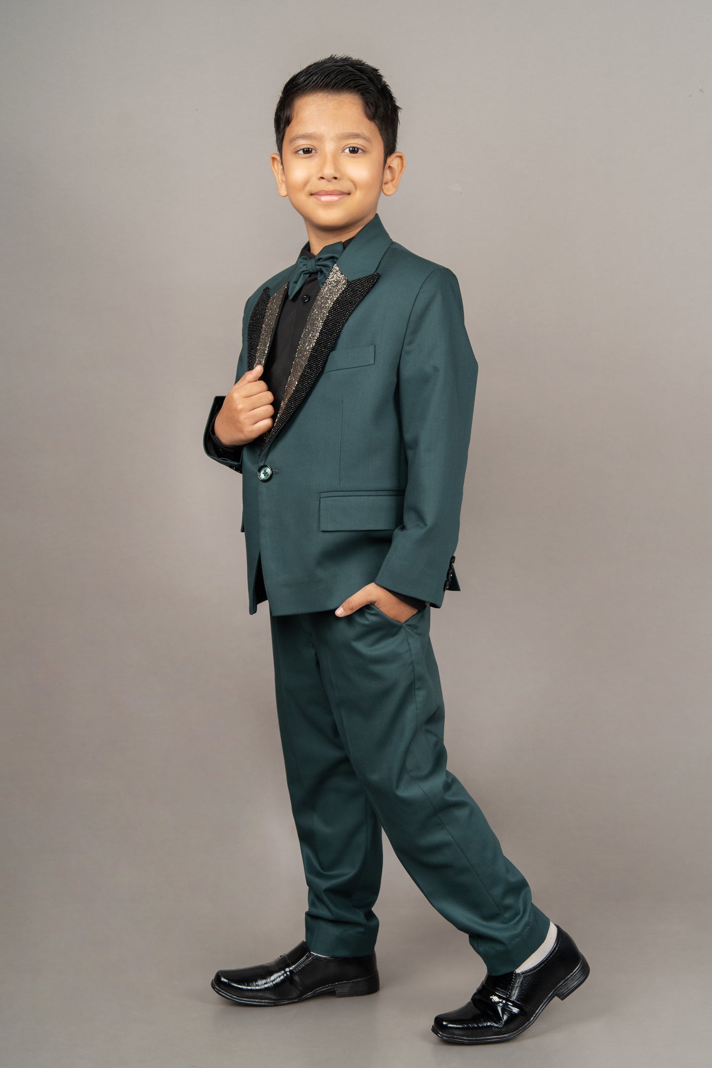 Pine Green Laple Embroidered Suit/shirt/pant With Bow Tie Set