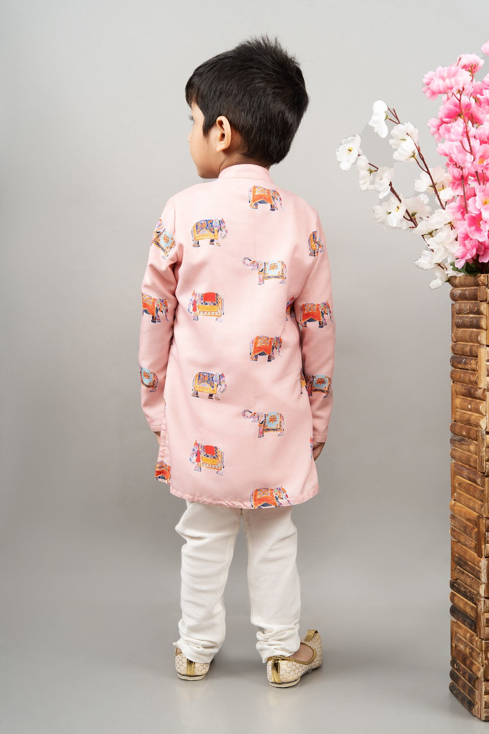 Powder Pink Indo Western Elephant Print Attached Jacket With Churidar Set