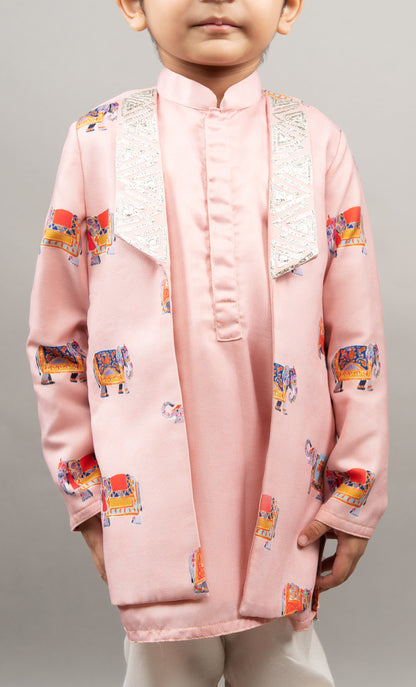 Powder Pink Indo Western Elephant Print Attached Jacket With Churidar Set